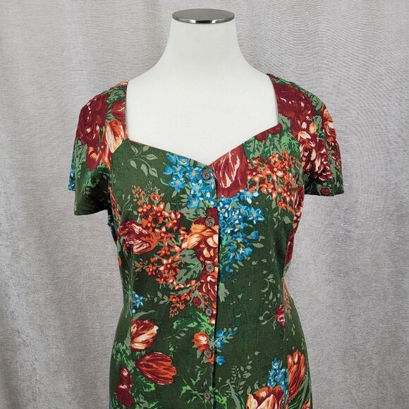 Roaman's Linen Blend Green Floral Tie Back Button Down Dress Women's Plus Size - Picture 4 of 8